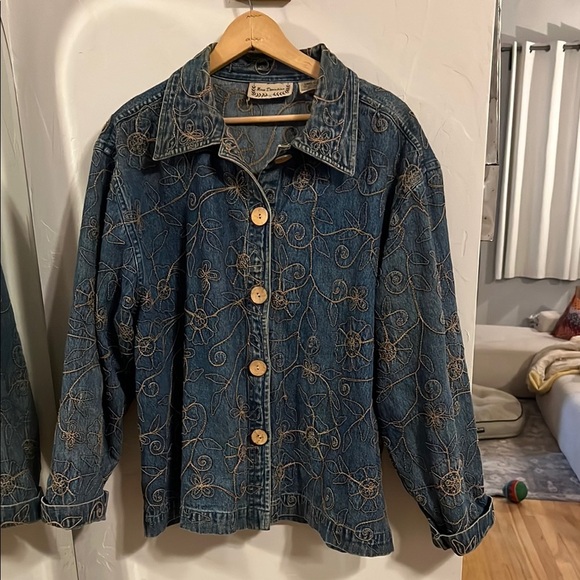 New Directions Blue Denim Jacket with Gold thread floral Embroidery - Picture 1 of 3